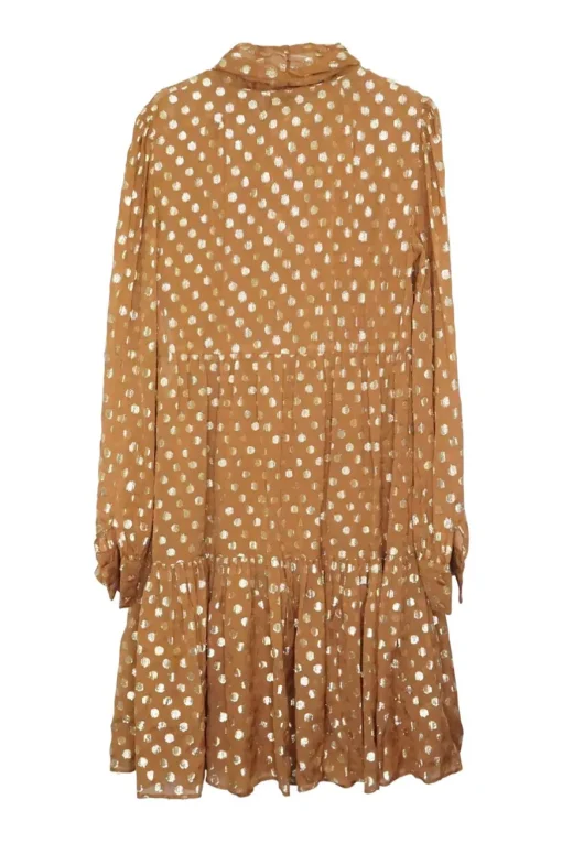 Caramel viscose-polyester blend metallic dot georgette tie neck drop waist pullover tiered shift dress