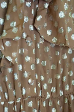 Caramel viscose-polyester blend metallic dot georgette tie neck drop waist pullover tiered shift dress
