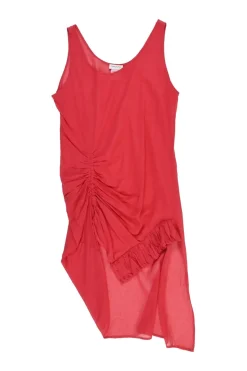 Carmine cotton voile ruched tank dress with gathered ruffle trim