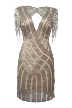 Champagne beaded sheer nylon tulle plunge neck wrap-effect illusion dress with cutout back and fringed flutter sleeves