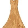 Champagne draped viscose satin-faced crêpe cowl slip dress with fixed spaghetti straps