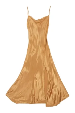 Champagne draped viscose satin-faced crêpe cowl slip dress with fixed spaghetti straps