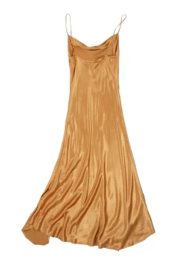 Champagne draped viscose satin-faced crêpe cowl slip dress with fixed spaghetti straps