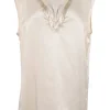 Champagne embellished cupro Y-collar sleeveless blouse featuring bugle bead broderie motif along neckline