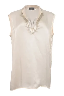 Champagne embellished cupro Y-collar sleeveless blouse featuring bugle bead broderie motif along neckline