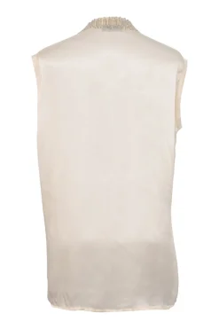 Champagne embellished cupro Y-collar sleeveless blouse featuring bugle bead broderie motif along neckline