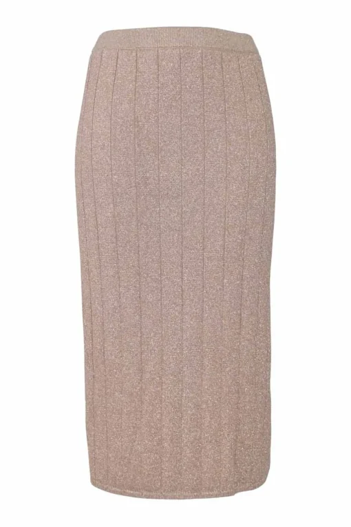 Champagne viscose-blend fully-fashioned interlock flat rib pull-on high-rise midi pencil skirt