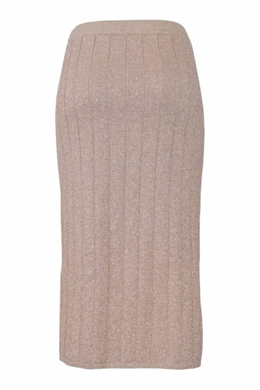 Champagne viscose-blend fully-fashioned interlock flat rib pull-on high-rise midi pencil skirt