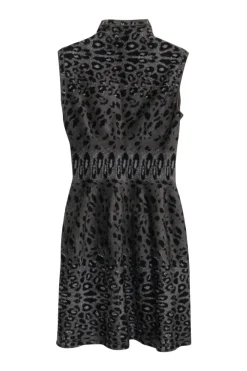 Charcoal and black viscose-blend intarsia fleece zip-up skater mini dress featuring leopard motif