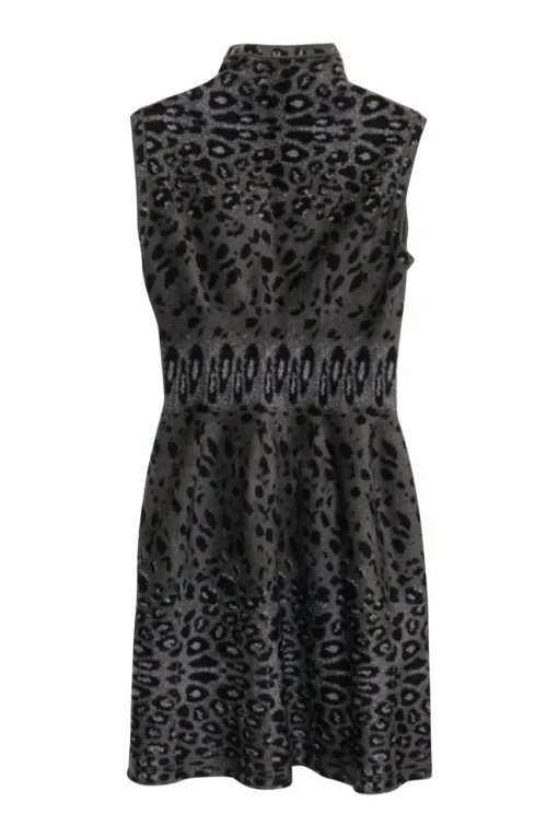 Charcoal and black viscose-blend intarsia fleece zip-up skater mini dress featuring leopard motif