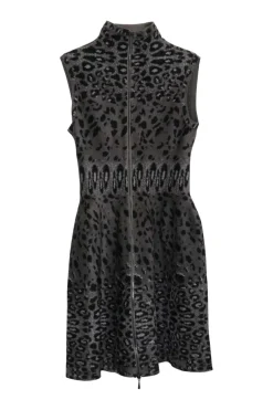 Charcoal and black viscose-blend intarsia fleece zip-up skater mini dress featuring leopard motif