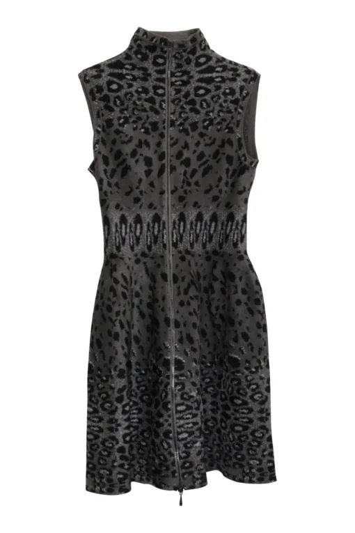 Charcoal and black viscose-blend intarsia fleece zip-up skater mini dress featuring leopard motif