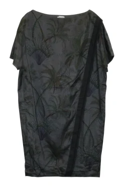 Charcoal and green cotton palm tree print pullover bateau neck t-shirt dress with draped panel