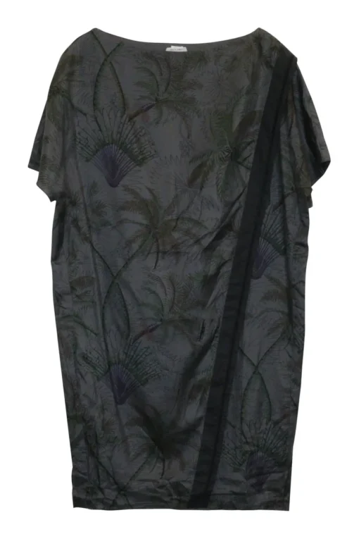 Charcoal and green cotton palm tree print pullover bateau neck t-shirt dress with draped panel