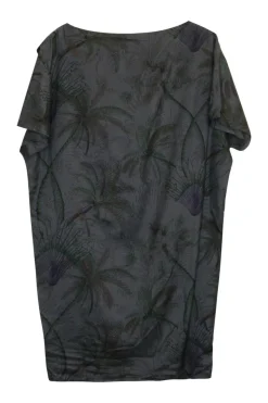 Charcoal and green cotton palm tree print pullover bateau neck t-shirt dress with draped panel