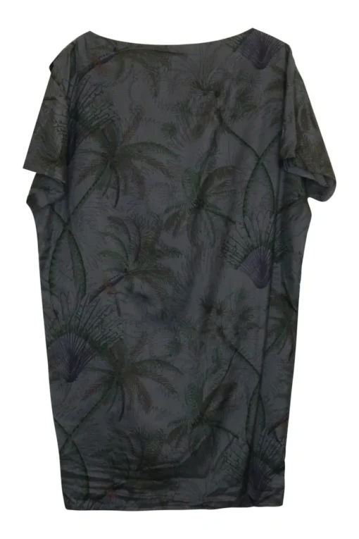 Charcoal and green cotton palm tree print pullover bateau neck t-shirt dress with draped panel
