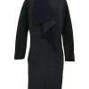 Charcoal and navy draped wool-blend double face ponte knit wrap-front long cardigan with cascading collar and dolman sleeves