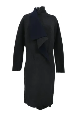 Charcoal and navy draped wool-blend double face ponte knit wrap-front long cardigan with cascading collar and dolman sleeves