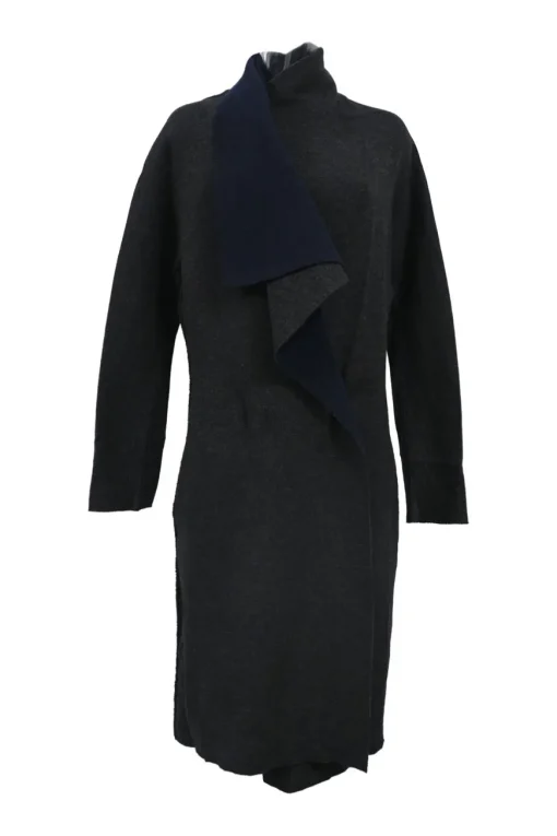 Charcoal and navy draped wool-blend double face ponte knit wrap-front long cardigan with cascading collar and dolman sleeves
