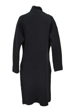 Charcoal and navy draped wool-blend double face ponte knit wrap-front long cardigan with cascading collar and dolman sleeves