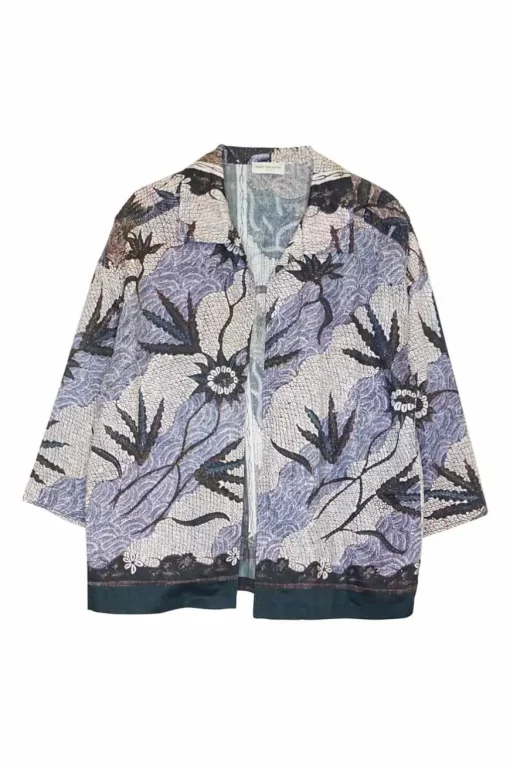 Charcoal blue cotton floral print open-front yukata-inspired overshirt