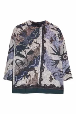 Charcoal blue cotton floral print open-front yukata-inspired overshirt