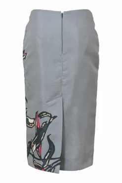 Charcoal cotton-silk blend floral print pull-on knee-length pencil skirt
