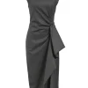 Charcoal draped bias-cut stripe wool sleeveless sheath dress with cascade drape hip detail