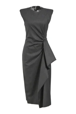 Charcoal draped bias-cut stripe wool sleeveless sheath dress with cascade drape hip detail