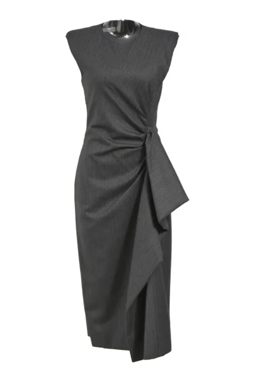 Charcoal draped bias-cut stripe wool sleeveless sheath dress with cascade drape hip detail