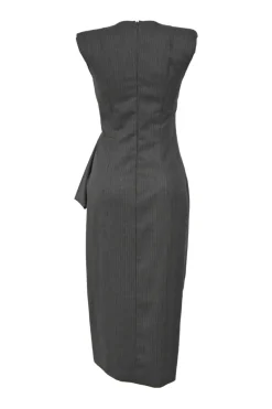 Charcoal draped bias-cut stripe wool sleeveless sheath dress with cascade drape hip detail