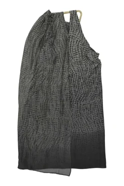 Charcoal draped polyester halter neck swing-style shift dress with gold-tone metallic choker collar