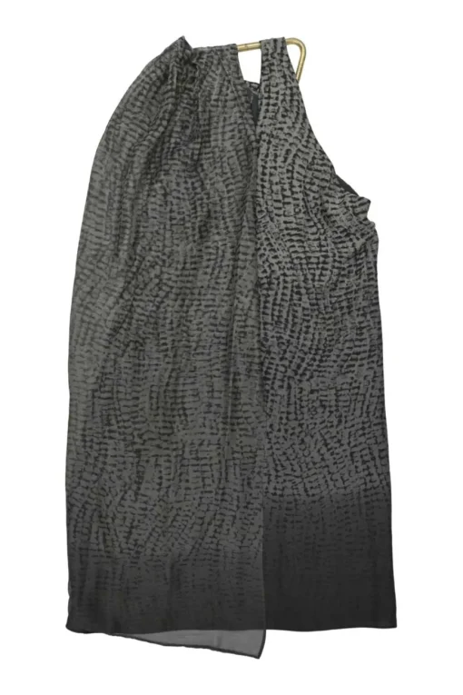 Charcoal draped polyester halter neck swing-style shift dress with gold-tone metallic choker collar