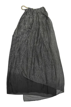 Charcoal draped polyester halter neck swing-style shift dress with gold-tone metallic choker collar