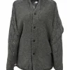 Charcoal draped wool roll jersey stand collar button-front dolman sleeve cardigan with argyle pointelle knit inserts