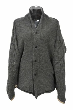 Charcoal draped wool roll jersey stand collar button-front dolman sleeve cardigan with argyle pointelle knit inserts