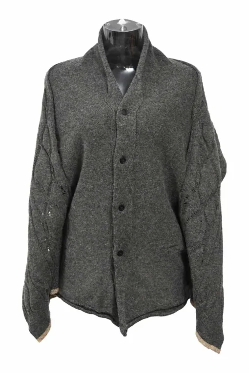 Charcoal draped wool roll jersey stand collar button-front dolman sleeve cardigan with argyle pointelle knit inserts