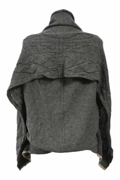 Charcoal draped wool roll jersey stand collar button-front dolman sleeve cardigan with argyle pointelle knit inserts