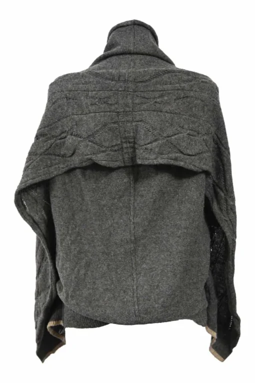 Charcoal draped wool roll jersey stand collar button-front dolman sleeve cardigan with argyle pointelle knit inserts