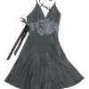 Charcoal embellished bias-cut silk bustier skater dress with scooped criss-cross strap back