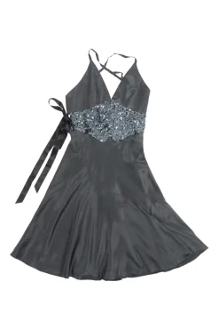 Charcoal embellished bias-cut silk bustier skater dress with scooped criss-cross strap back