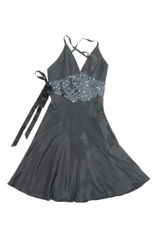 Charcoal embellished bias-cut silk bustier skater dress with scooped criss-cross strap back