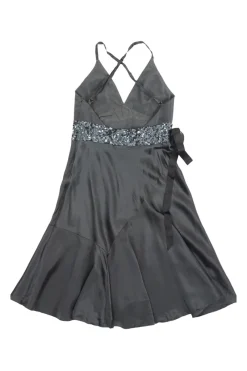 Charcoal embellished bias-cut silk bustier skater dress with scooped criss-cross strap back