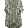 Charcoal embellished silk abstract animal print scoop neck kaftan