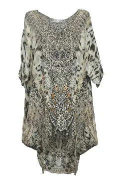 Charcoal embellished silk abstract animal print scoop neck kaftan