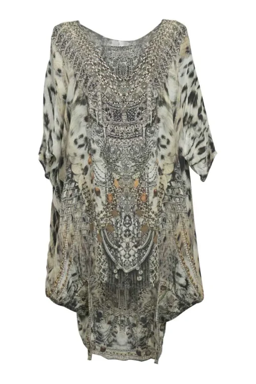 Charcoal embellished silk abstract animal print scoop neck kaftan