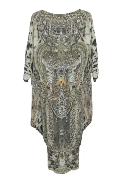 Charcoal embellished silk abstract animal print scoop neck kaftan