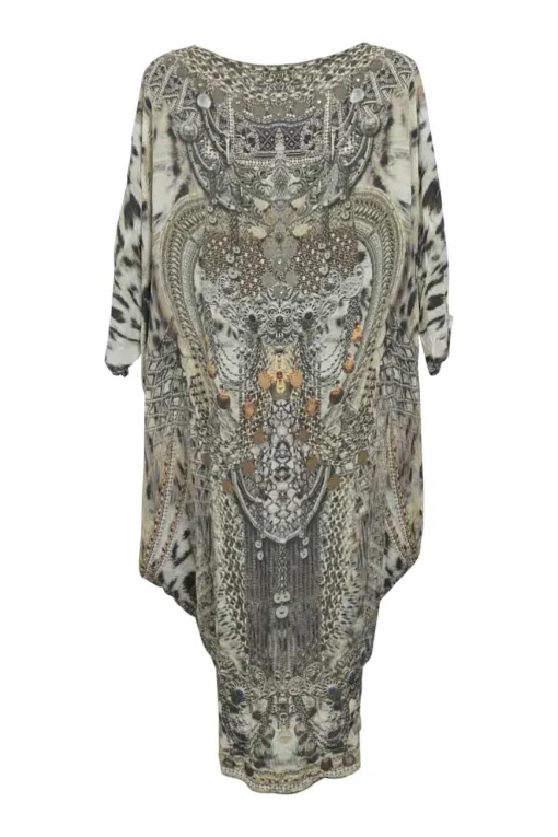 Charcoal embellished silk abstract animal print scoop neck kaftan
