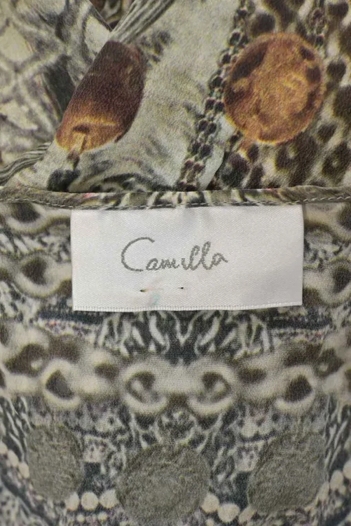 Charcoal embellished silk abstract animal print scoop neck kaftan