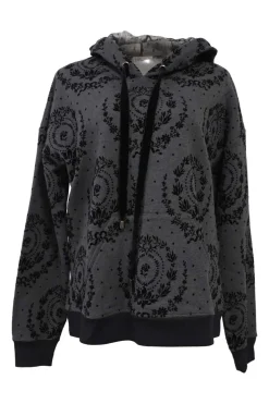 Charcoal floral-flocked cotton French terry pullover hoodie with front kangaroo pocket and tulle-lined drawstring hood
